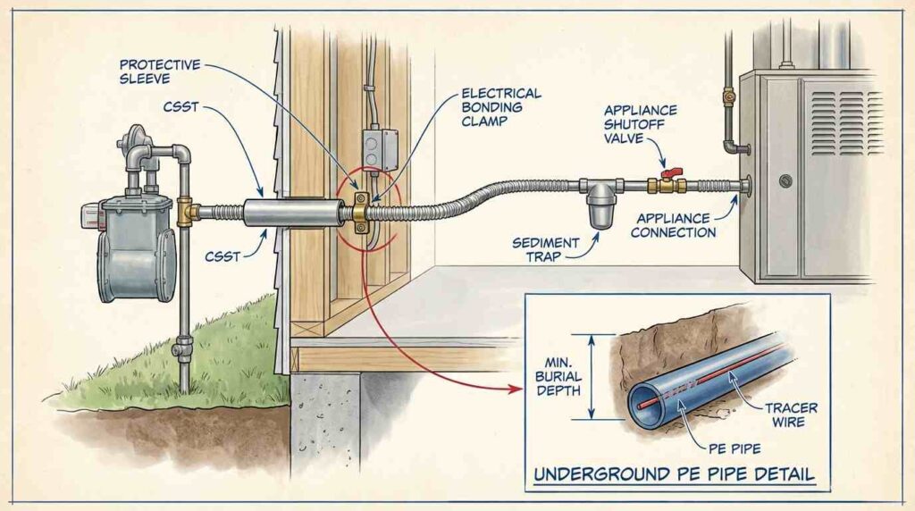 Cross-section diagram showing approved gas pipe materials and code-compliant installation