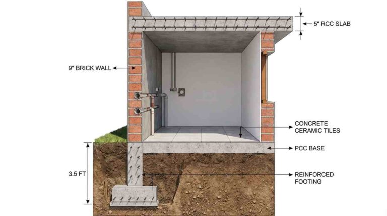 One room construction showing brick walls and RCC roof slab work in progress