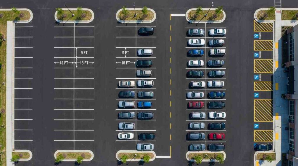 Commercial parking lot with marked parking spaces showing standard 9 by 18 feet dimensions