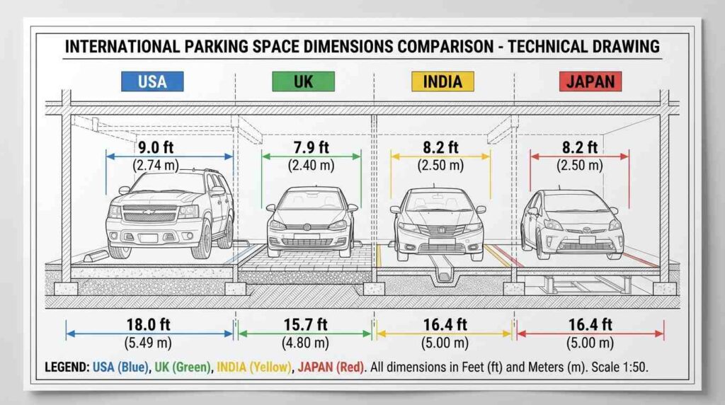 Standard parking space dimensions comparison showing USA UK and India parking sizes in feet