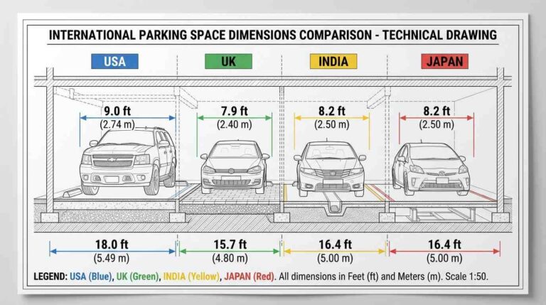 Standard parking space dimensions comparison showing USA UK and India parking sizes in feet